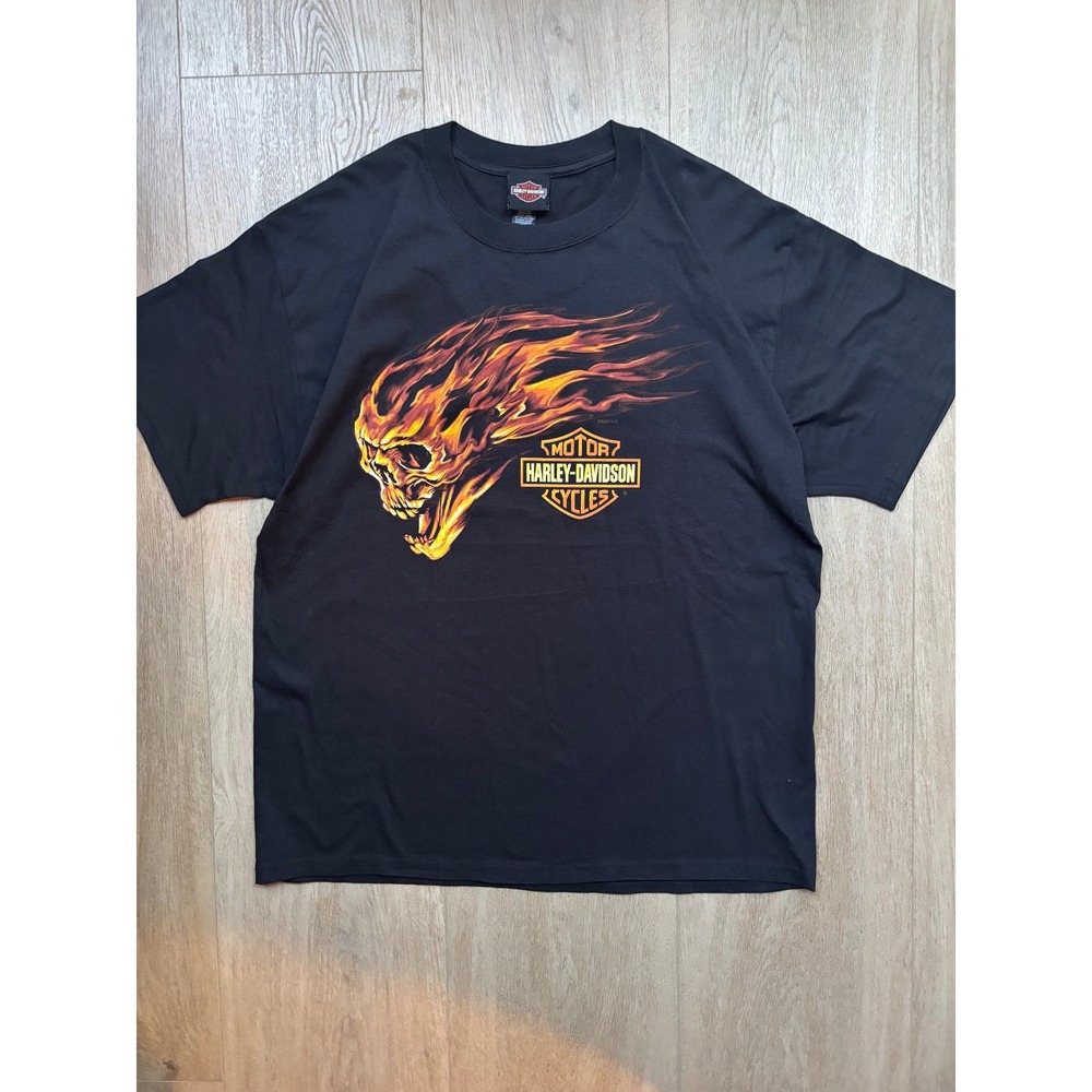 Harley-Davidson Mens Flaming Skull Graphic T-Shirt Black Large Biker Tee